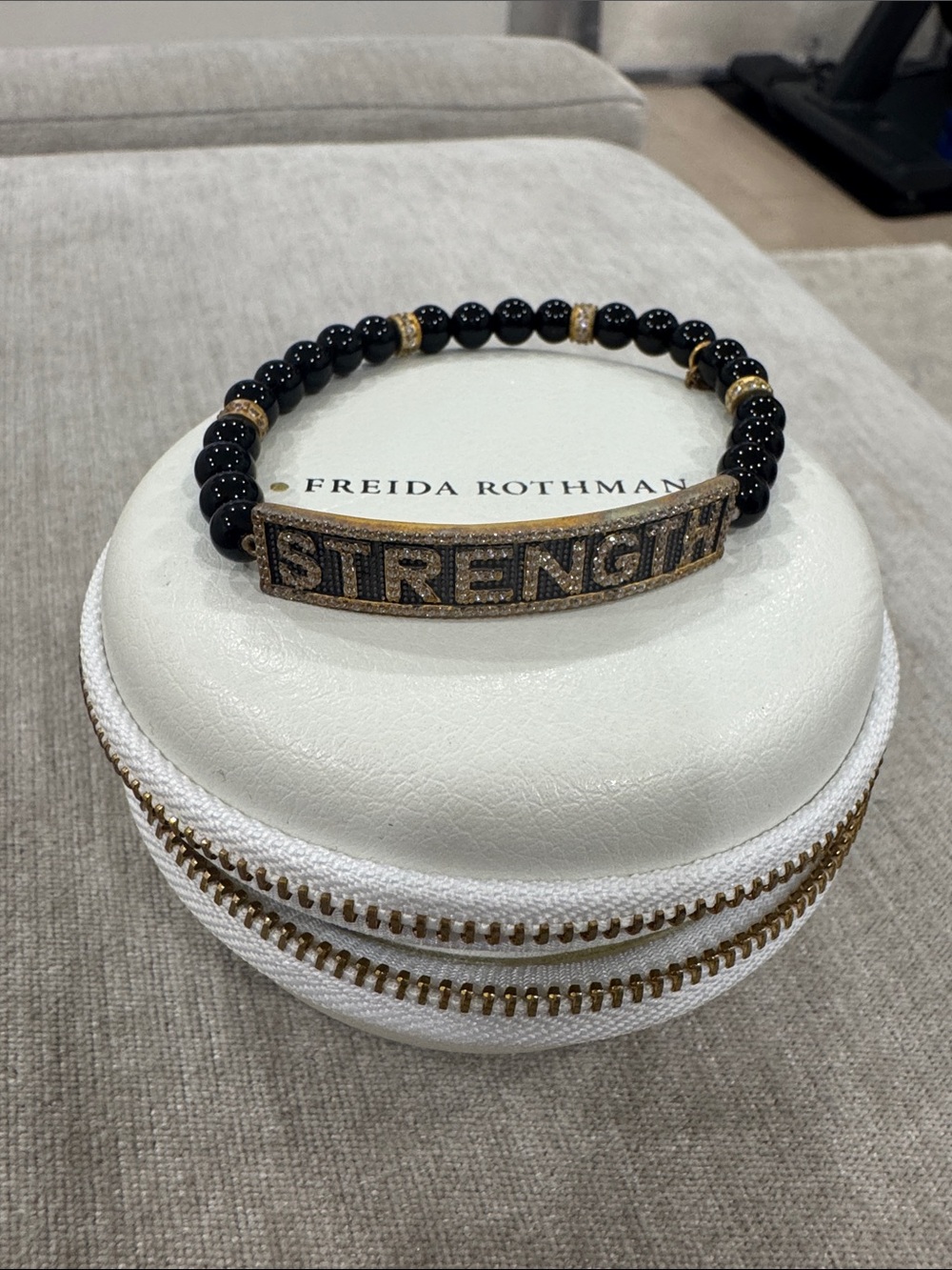 Freida Rothman Black Bead Bracelet with Gold 'Strength' Bar